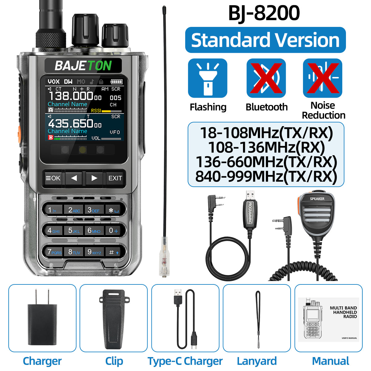 BAJETON BJ-8200 Walkie Talkie Full Band Bluetooth Phone Programming Long Range 10W Tri Power NoAA Noise Reduction Ham Radio