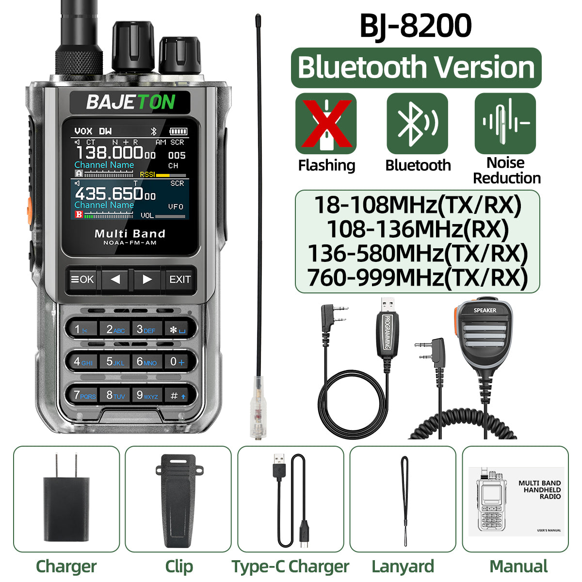 BAJETON BJ-8200 Walkie Talkie Full Band Bluetooth Phone Programming Long Range 10W Tri Power NoAA Noise Reduction Ham Radio