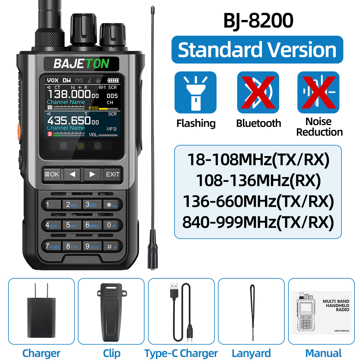 BAJETON BJ8200 Walkie Talkie Long Range Wireless Bluetooth Programming Type-c Flashlight Noise Reduction CB SW AM Ham Radio