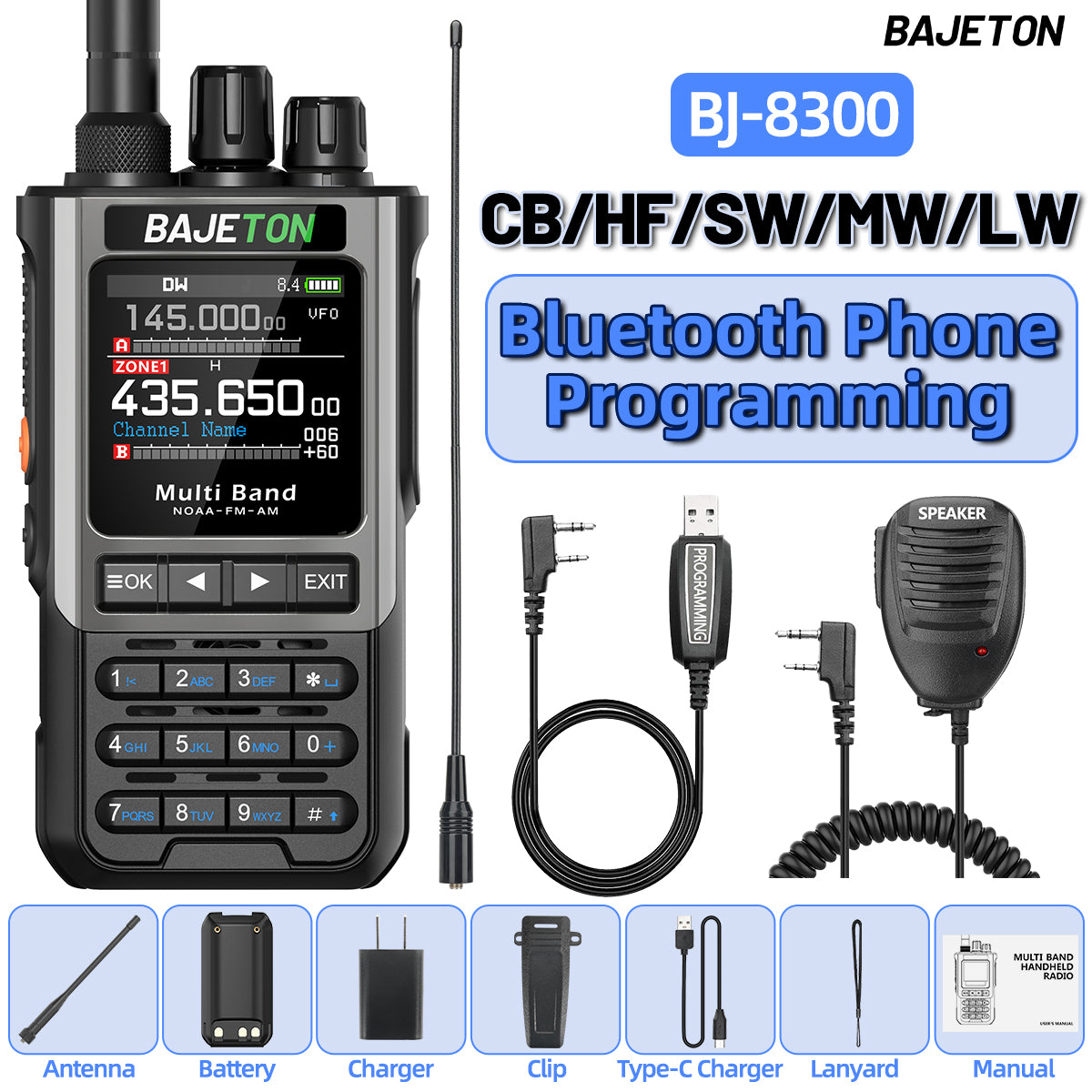 BAJETON BJ-8300 Ham Radio SW AM SSB CB Amateur Wireless Bluetooth Phone Programming Walkie Talkie NOAA Handheld Two Way Radio