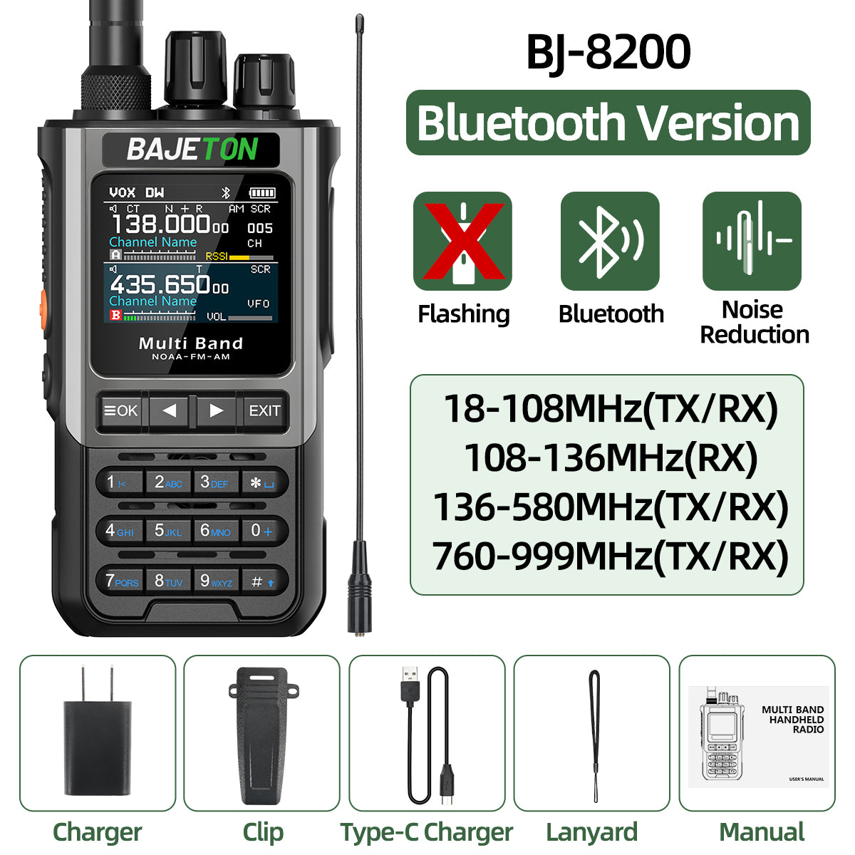 BAJETON BJ8200 Walkie Talkie Long Range Wireless Bluetooth Programming Type-c Flashlight Noise Reduction CB SW AM Ham Radio