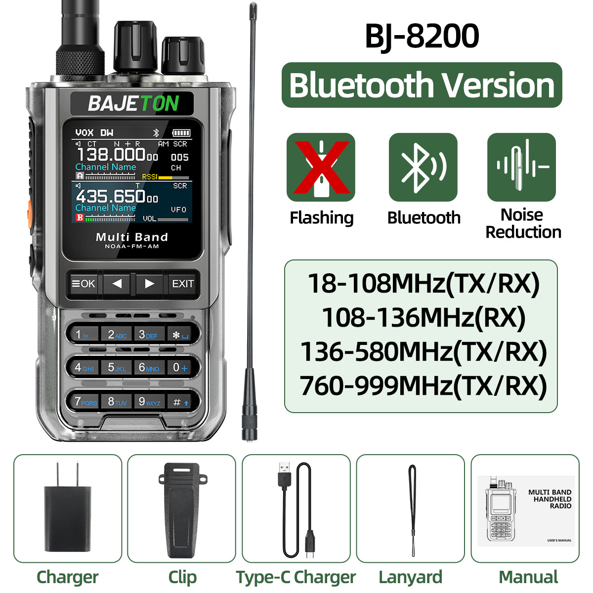 BAJETON BJ-8200 Walkie Talkie Full Band Bluetooth Phone Programming Long Range 10W Tri Power NoAA Noise Reduction Ham Radio