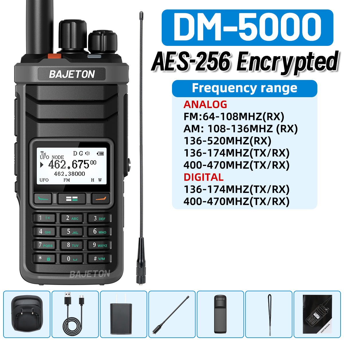 BAJETON DM-5000 DMR Walkie Talkie AES-256 Encryption Dual Time Slot Digital Analog SMS NOAA TYPE-C Charger For RT-4D Ham Radio