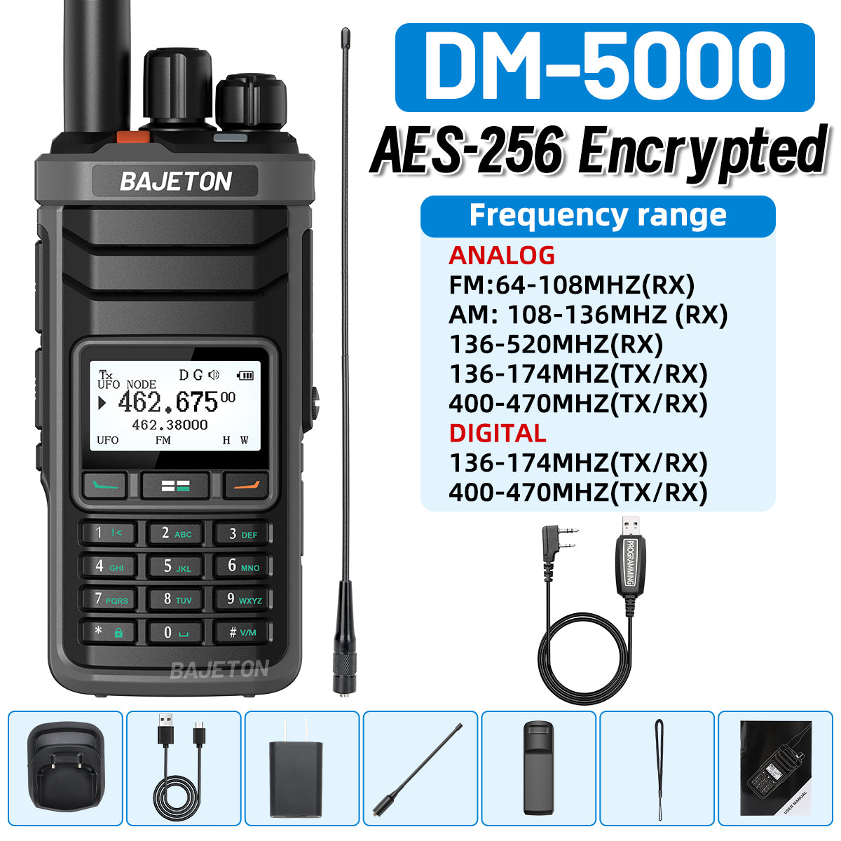 BAJETON DM-5000 DMR Walkie Talkie AES-256 Encryption Dual Time Slot Digital Analog SMS NOAA TYPE-C Charger For RT-4D Ham Radio