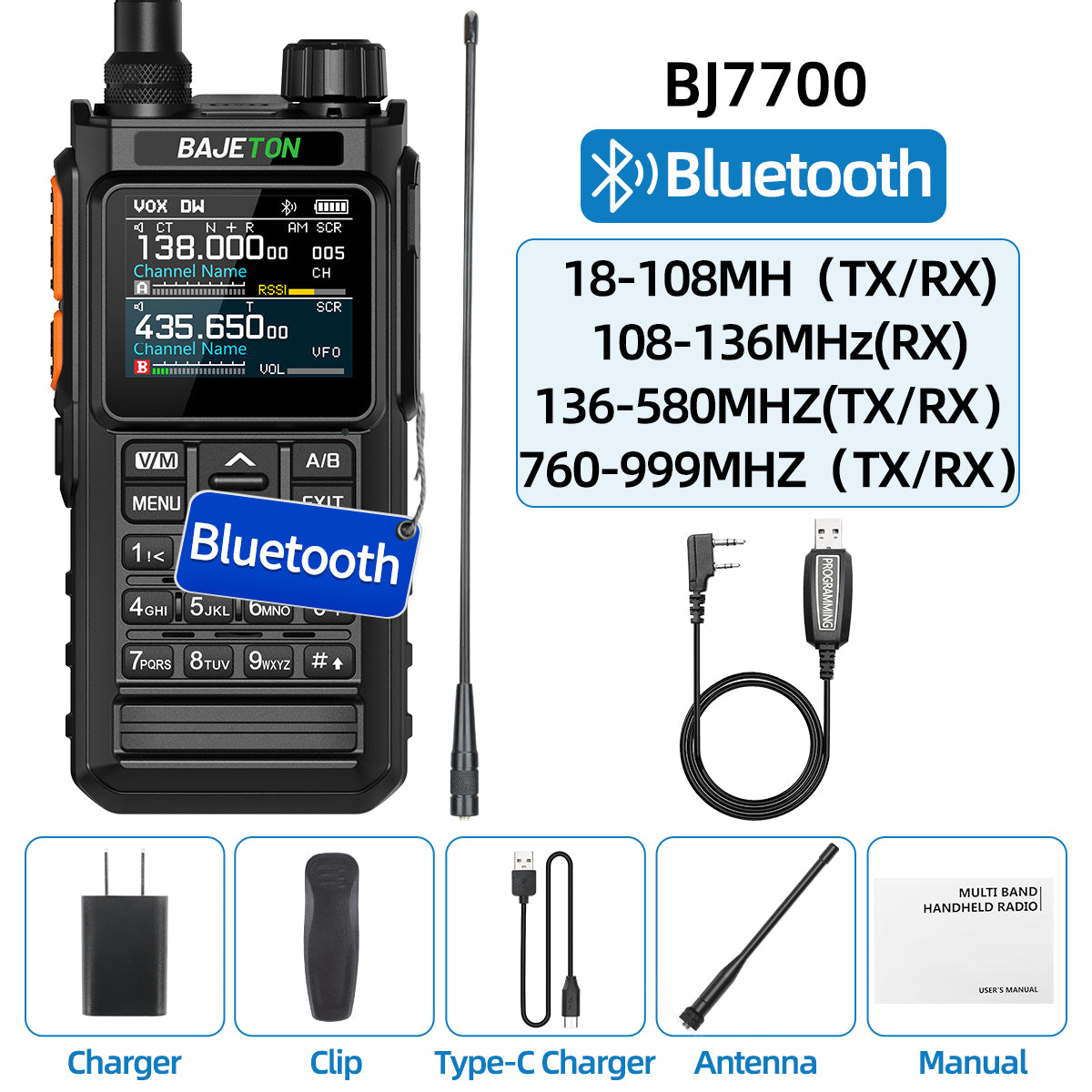 BAJETON BJ7700 Walkie Talkie Multi Band Wireless Bluetooth Phone Programming Noise Reduction AM FM Ham Radio For Camping BJ8200