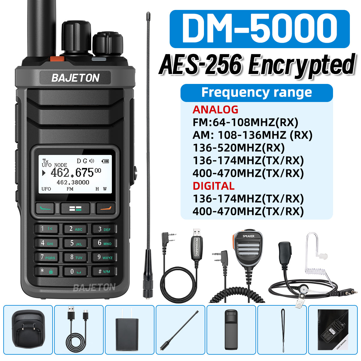 BAJETON DM-5000 DMR Walkie Talkie AES-256 Encryption Dual Time Slot Digital Analog SMS NOAA TYPE-C Charger For RT-4D Ham Radio