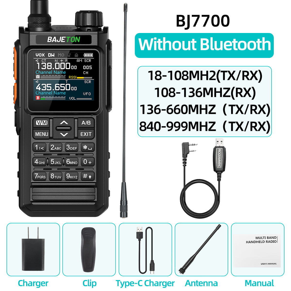 BAJETON BJ7700 Walkie Talkie Multi Band Wireless Bluetooth Phone Programming Noise Reduction AM FM Ham Radio For Camping BJ8200