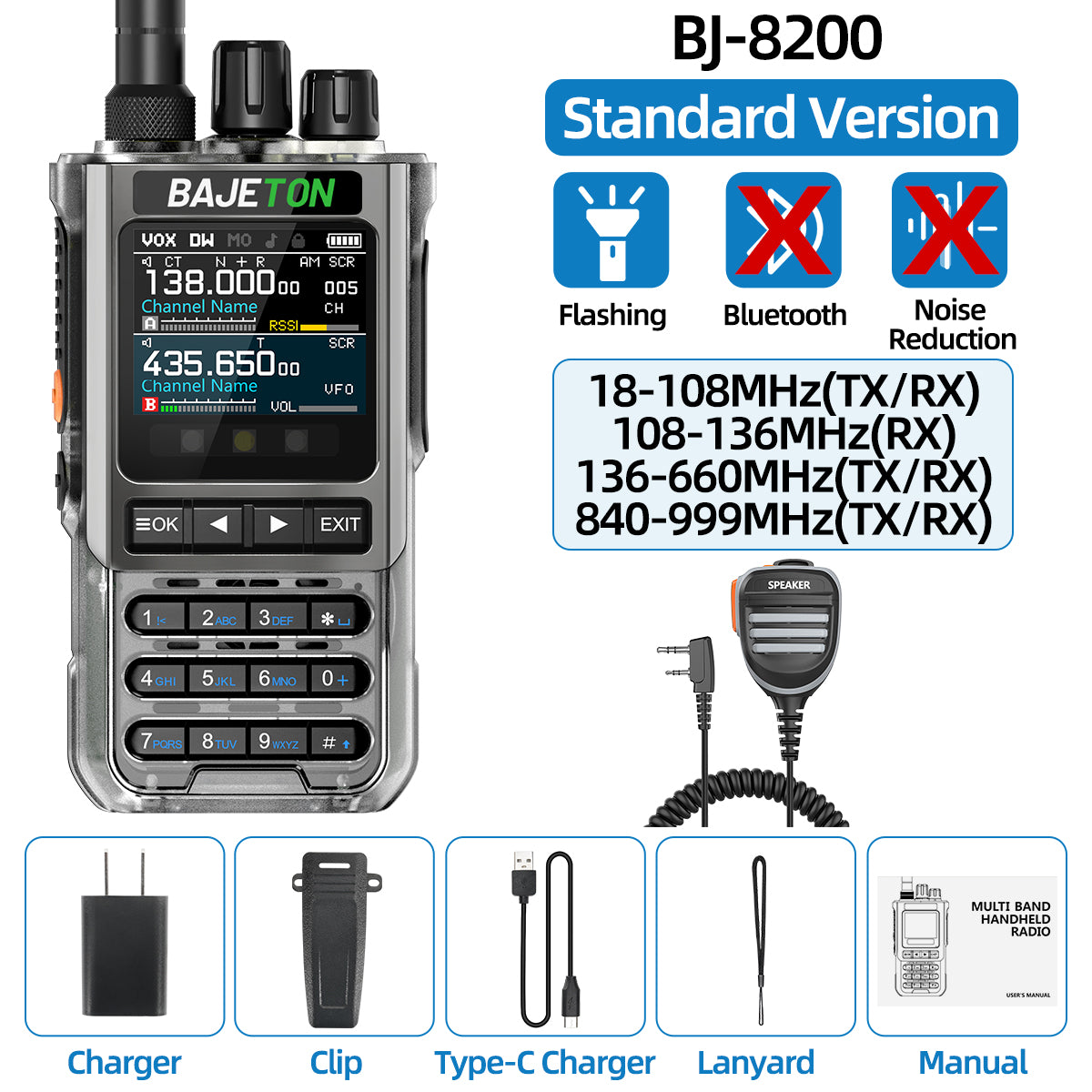 BAJETON BJ-8200 Walkie Talkie Full Band Bluetooth Phone Programming Long Range 10W Tri Power NoAA Noise Reduction Ham Radio