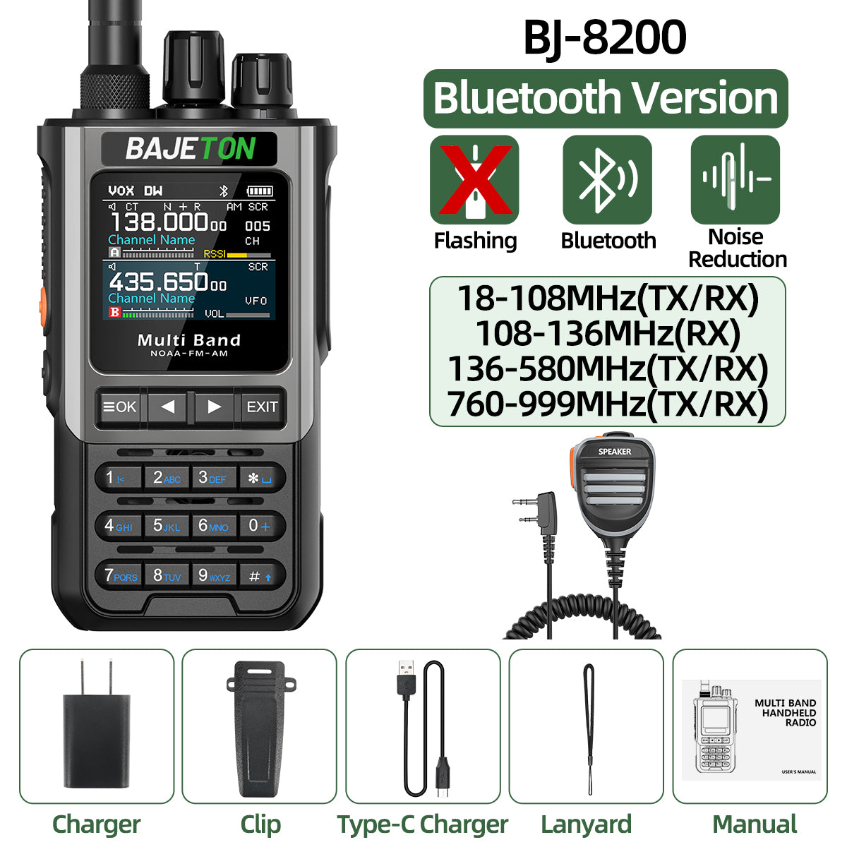 BAJETON BJ8200 Walkie Talkie Long Range Wireless Bluetooth Programming Type-c Flashlight Noise Reduction CB SW AM Ham Radio