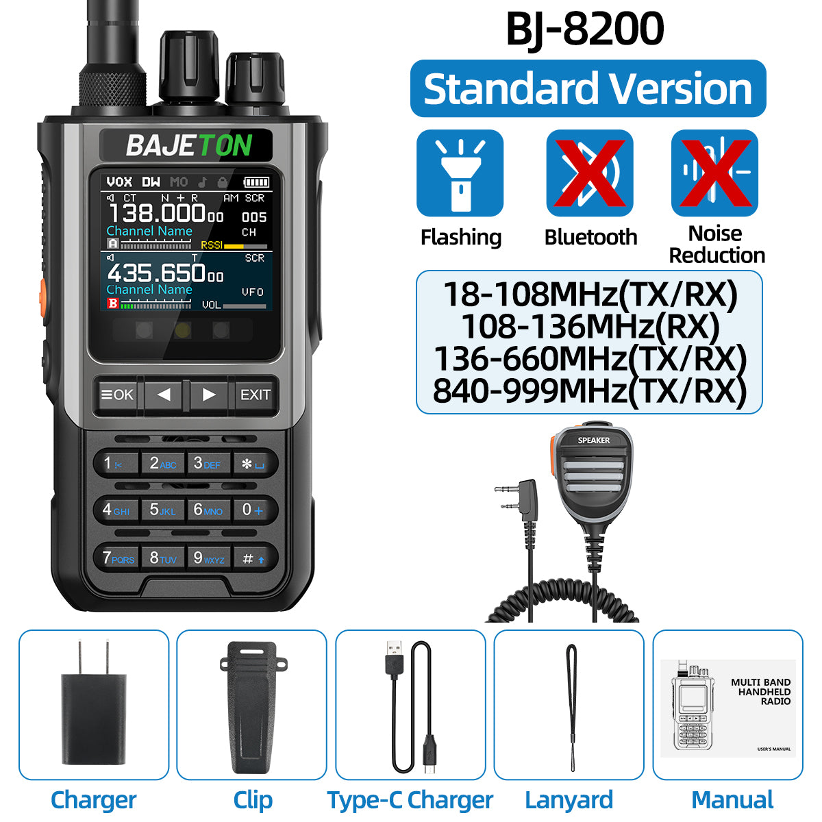BAJETON BJ8200 Walkie Talkie Long Range Wireless Bluetooth Programming Type-c Flashlight Noise Reduction CB SW AM Ham Radio