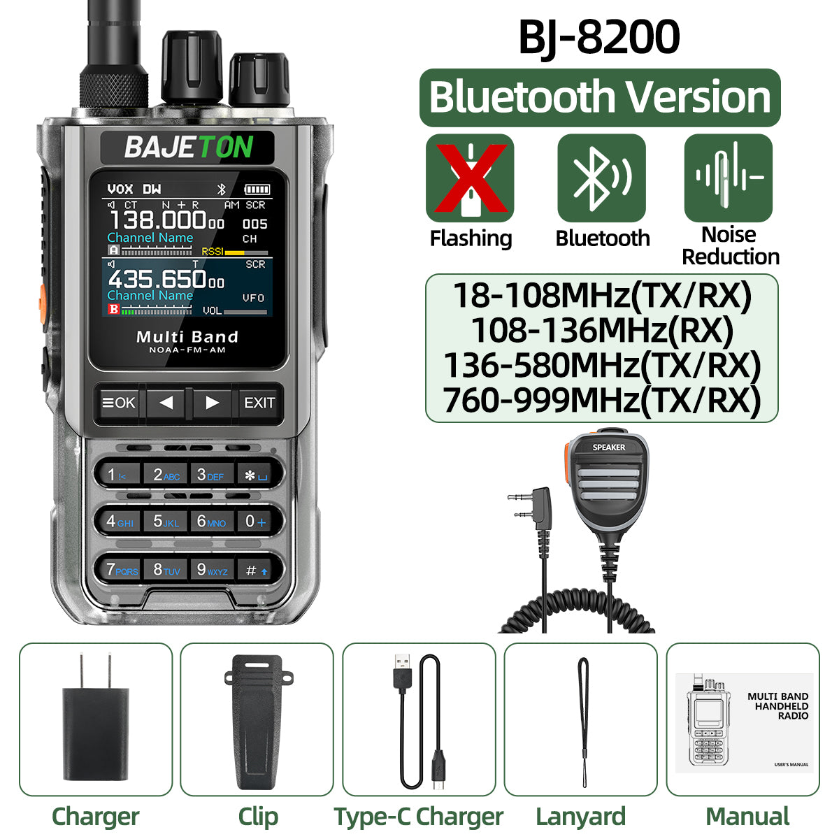 BAJETON BJ-8200 Walkie Talkie Full Band Bluetooth Phone Programming Long Range 10W Tri Power NoAA Noise Reduction Ham Radio