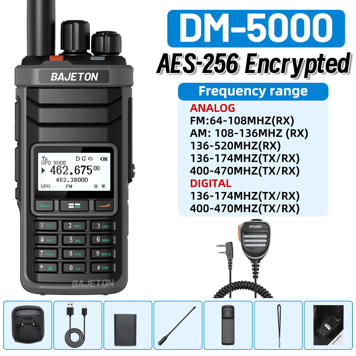 BAJETON DM-5000 DMR Walkie Talkie AES-256 Encryption Dual Time Slot Digital Analog SMS NOAA TYPE-C Charger For RT-4D Ham Radio