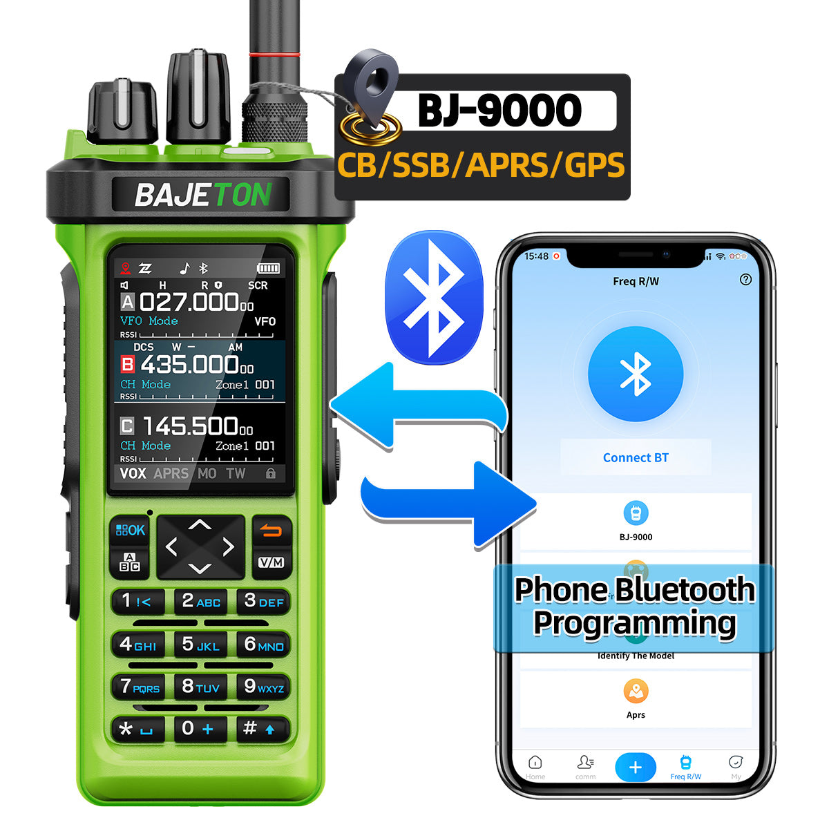Bajeton BJ-9000 Green (27Mhz TX/RX) Walkie Talkie 10W AM/FM/USB/LSB/CW Receive GPS/APRS Bluetooth Phone Programming NOAA ShortWave Two Way Ham Radio