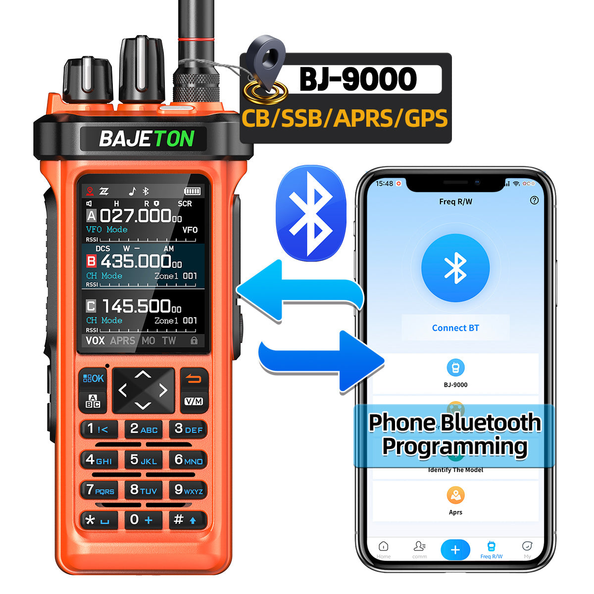 BAJETON BJ-9000(Orange) Walkie Talkie CB/SSB/RX/HF Receiver with GPS APRS 10W Bluetooth Phone Programming Same RT-950 PRO RT -950 Radio
