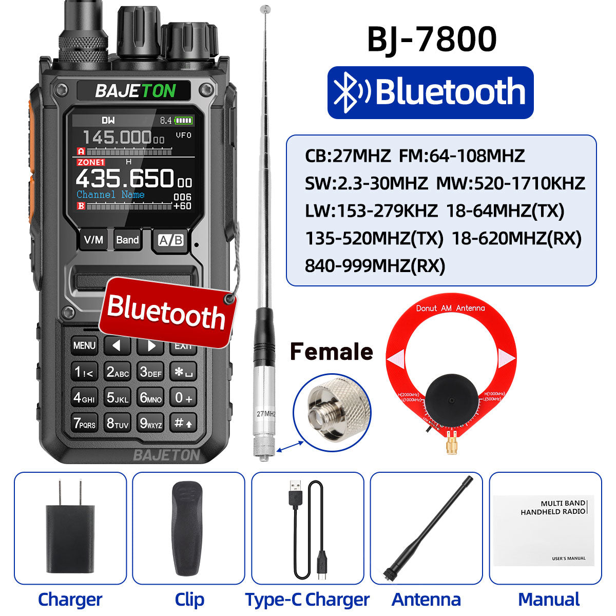 BAJETON BJ-7800 Walkie Talkie Long Range SW MW LW AM SSB CB 10W Receive Wireless Bluetooth Phone Programming NOAA Two Way Radio