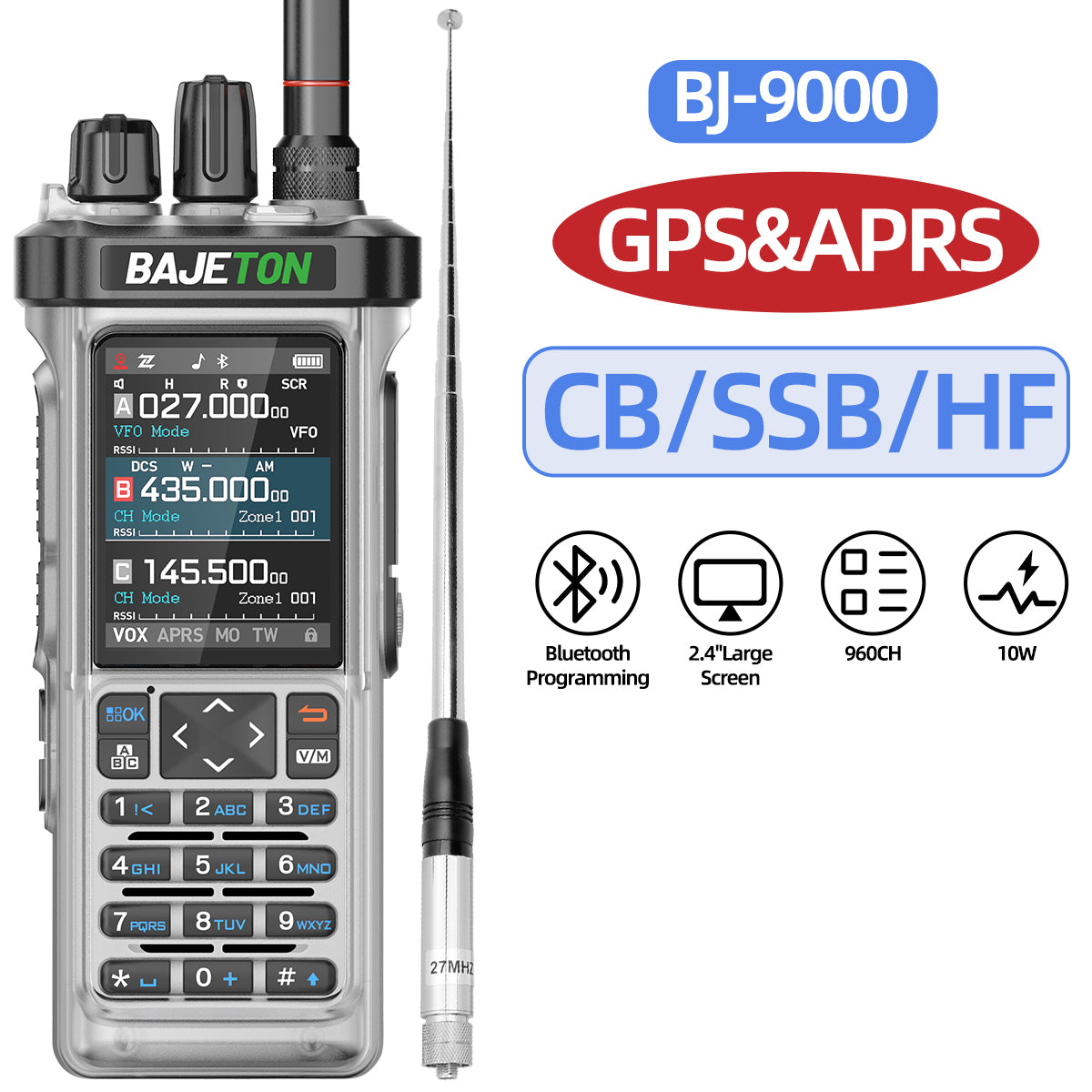 BAJETON BJ-9000(Transparent) GPS APRS Walkie Talkie 10W CB 27Mhz CB/SSB/HF Bluetooth Programming NOAA ShortWave For RT-950PRO RT-950 Radio