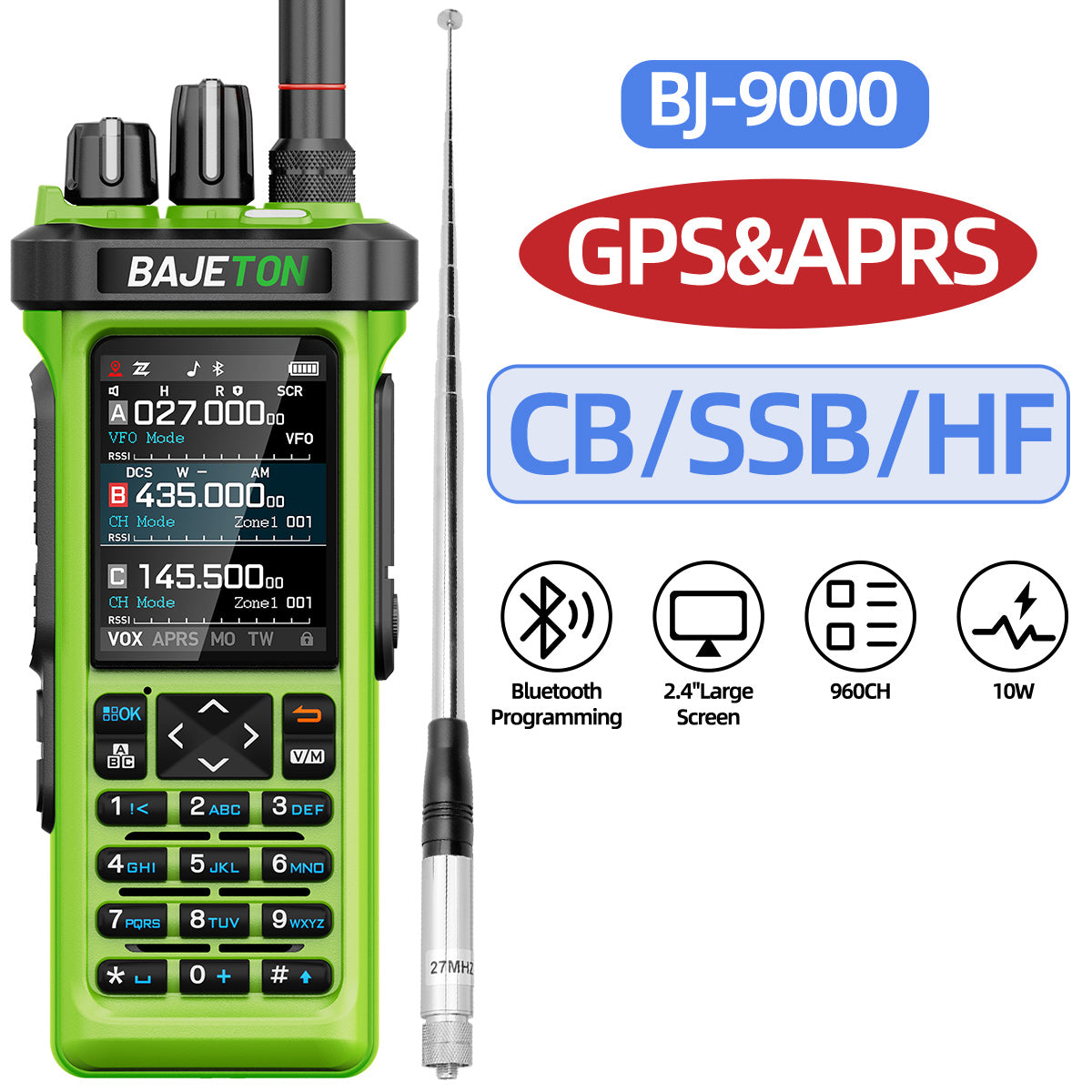 Bajeton BJ-9000 Green (27Mhz TX/RX) Walkie Talkie 10W AM/FM/USB/LSB/CW Receive GPS/APRS Bluetooth Phone Programming NOAA ShortWave Two Way Ham Radio