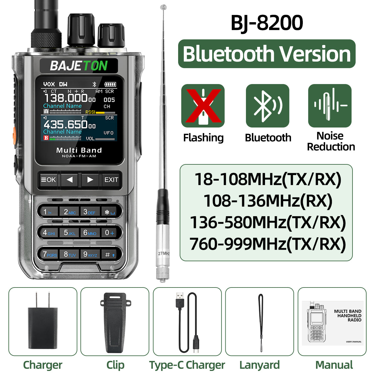 BAJETON BJ-8200 Walkie Talkie Full Band Bluetooth Phone Programming Long Range 10W Tri Power NoAA Noise Reduction Ham Radio