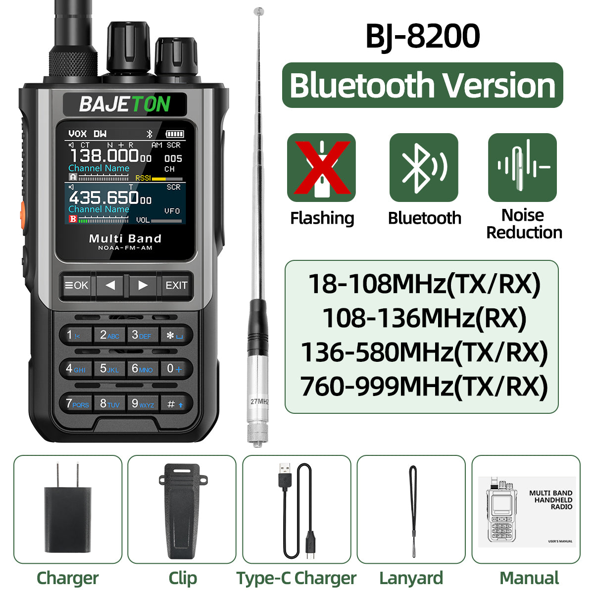 BAJETON BJ8200 Walkie Talkie Long Range Wireless Bluetooth Programming Type-c Flashlight Noise Reduction CB SW AM Ham Radio