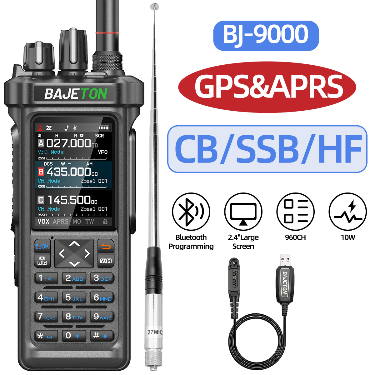 Bajeton BJ-9000 10W Ham Radio Walkie Talkie – 27MHz(RX/TX), AM/FM/USB/LSB/CW, GPS, APRS, Bluetooth, NOAA Weather Radio, Shortwave