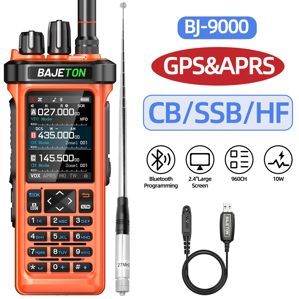 BAJETON BJ-9000(Orange) Walkie Talkie CB/SSB/RX/HF Receiver with GPS APRS 10W Bluetooth Phone Programming Same RT-950 PRO RT -950 Radio