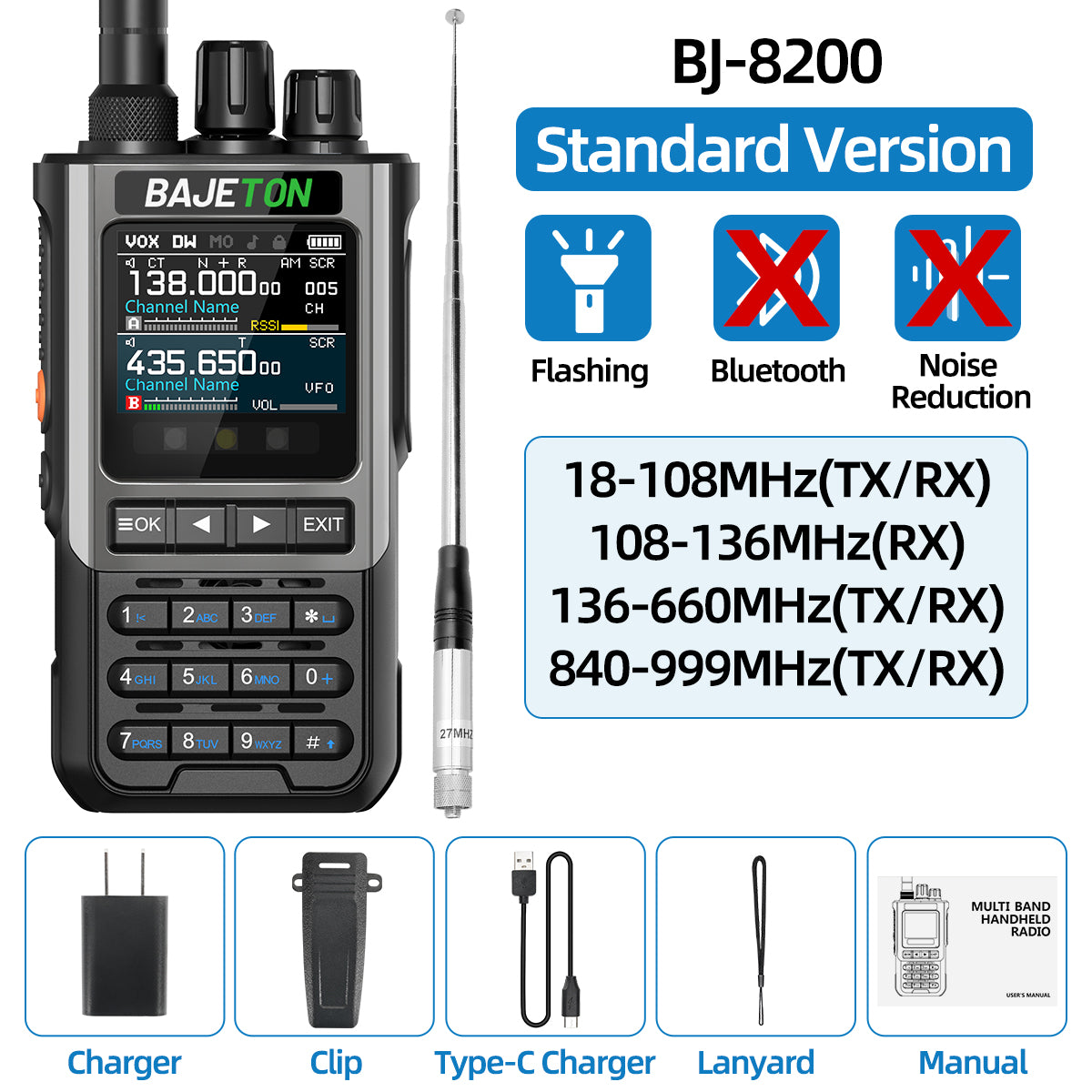 BAJETON BJ8200 Walkie Talkie Long Range Wireless Bluetooth Programming Type-c Flashlight Noise Reduction CB SW AM Ham Radio