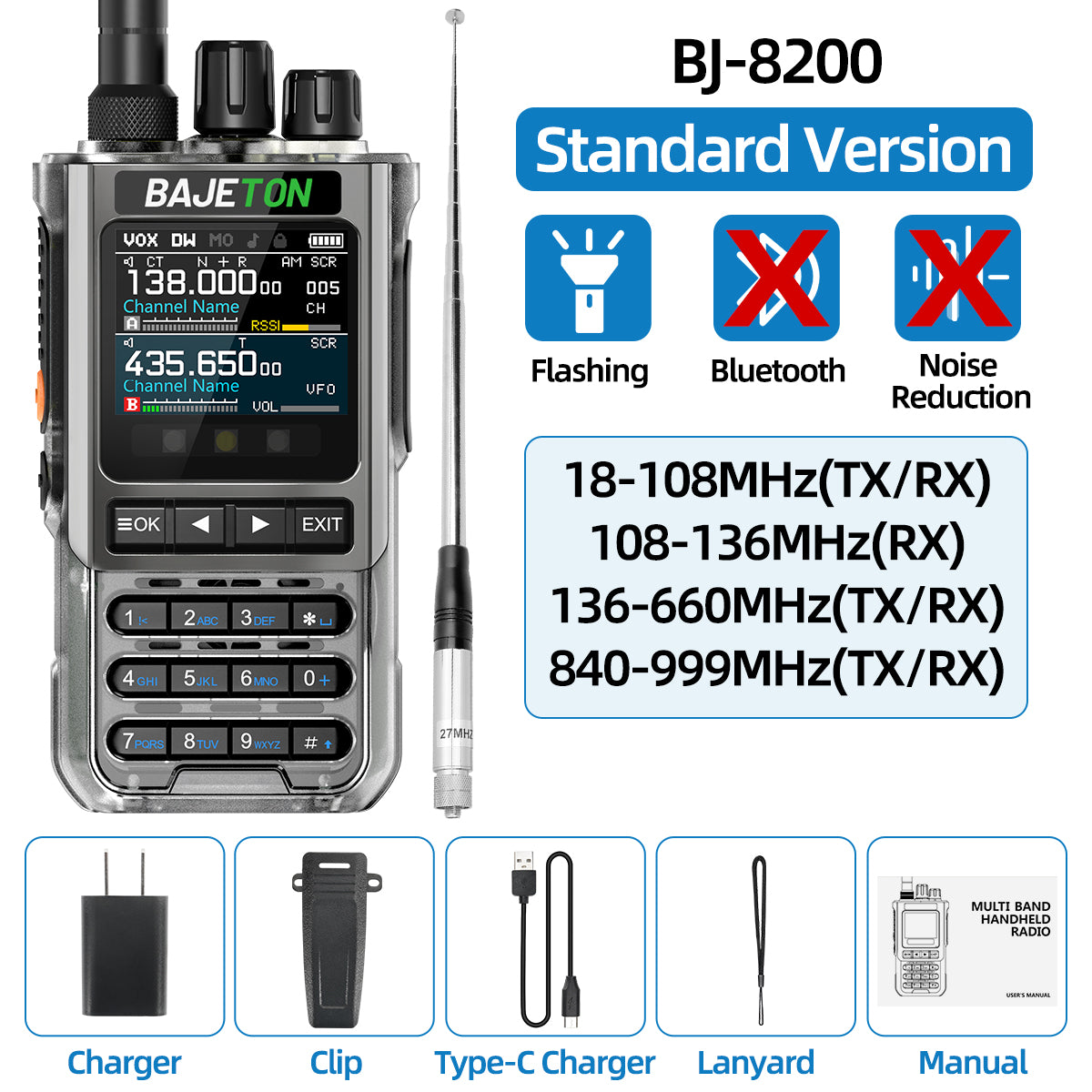 BAJETON BJ-8200 Walkie Talkie Full Band Bluetooth Phone Programming Long Range 10W Tri Power NoAA Noise Reduction Ham Radio