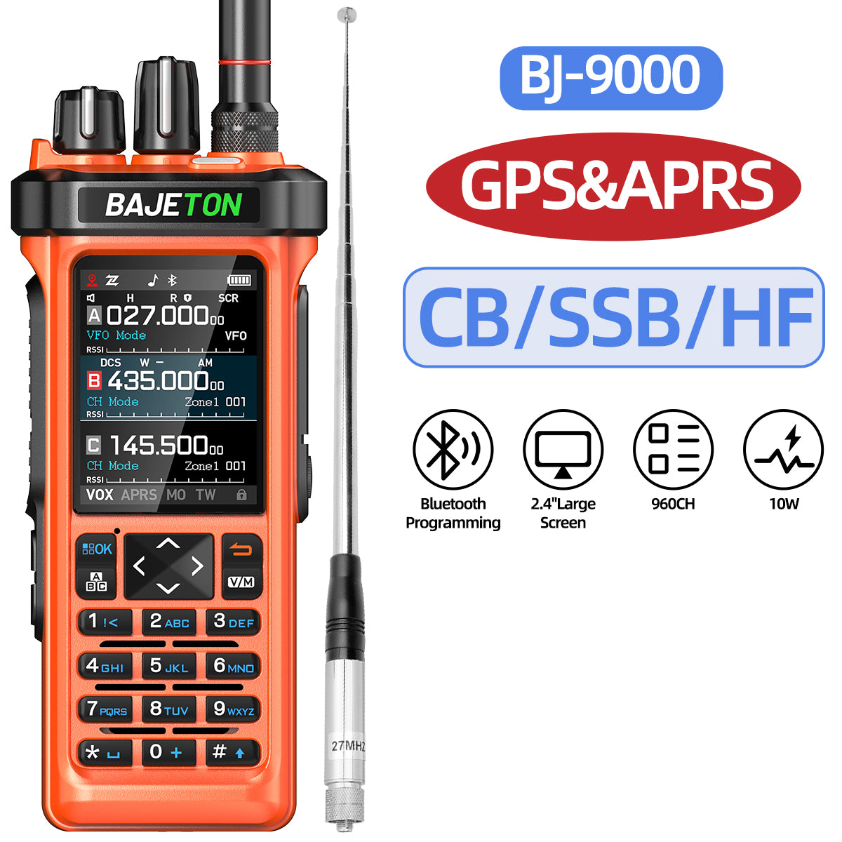 BAJETON BJ-9000(Orange) Walkie Talkie CB/SSB/RX/HF Receiver with GPS APRS 10W Bluetooth Phone Programming Same RT-950 PRO RT -950 Radio