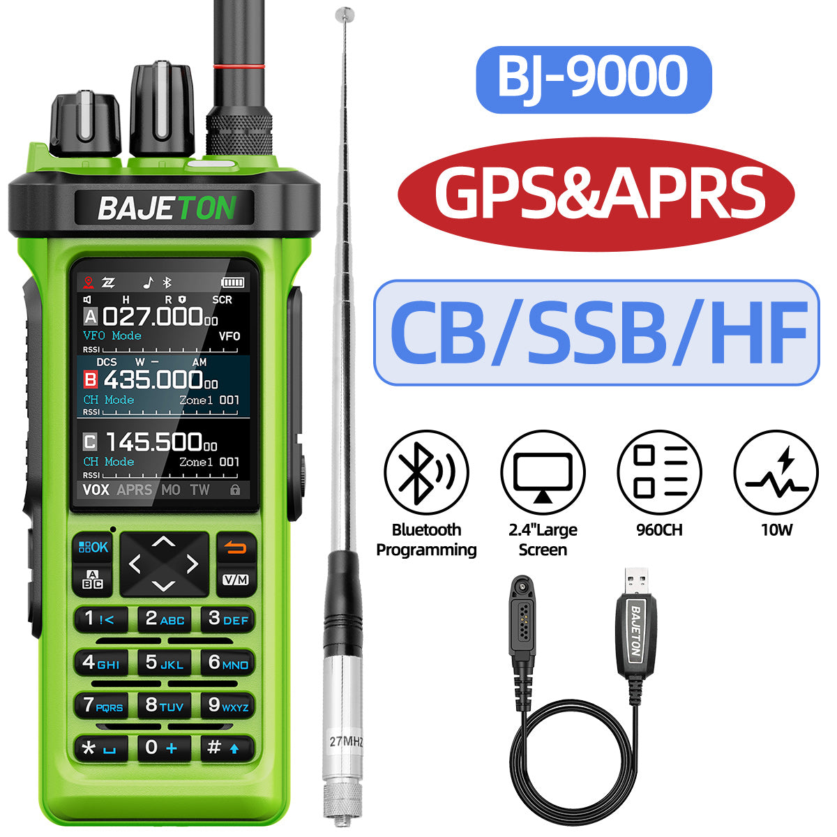 Bajeton BJ-9000 Green (27Mhz TX/RX) Walkie Talkie 10W AM/FM/USB/LSB/CW Receive GPS/APRS Bluetooth Phone Programming NOAA ShortWave Two Way Ham Radio