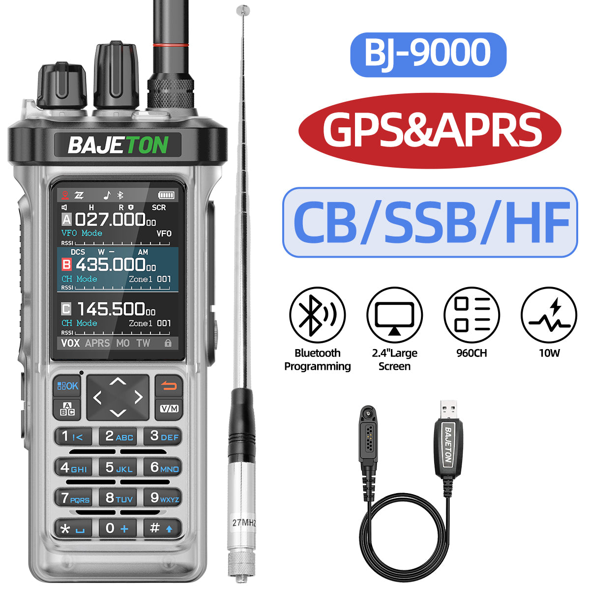 BAJETON BJ-9000(Transparent) GPS APRS Walkie Talkie 10W CB 27Mhz CB/SSB/HF Bluetooth Programming NOAA ShortWave For RT-950PRO RT-950 Radio
