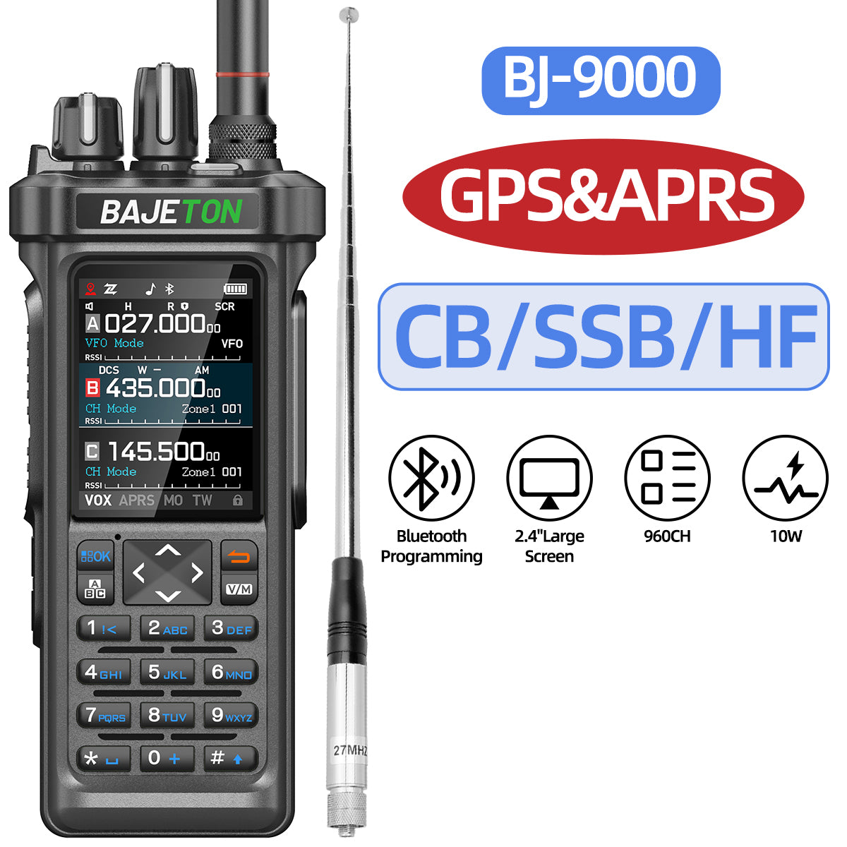 Bajeton BJ-9000 10W Ham Radio Walkie Talkie – 27MHz(RX/TX), AM/FM/USB/LSB/CW, GPS, APRS, Bluetooth, NOAA Weather Radio, Shortwave