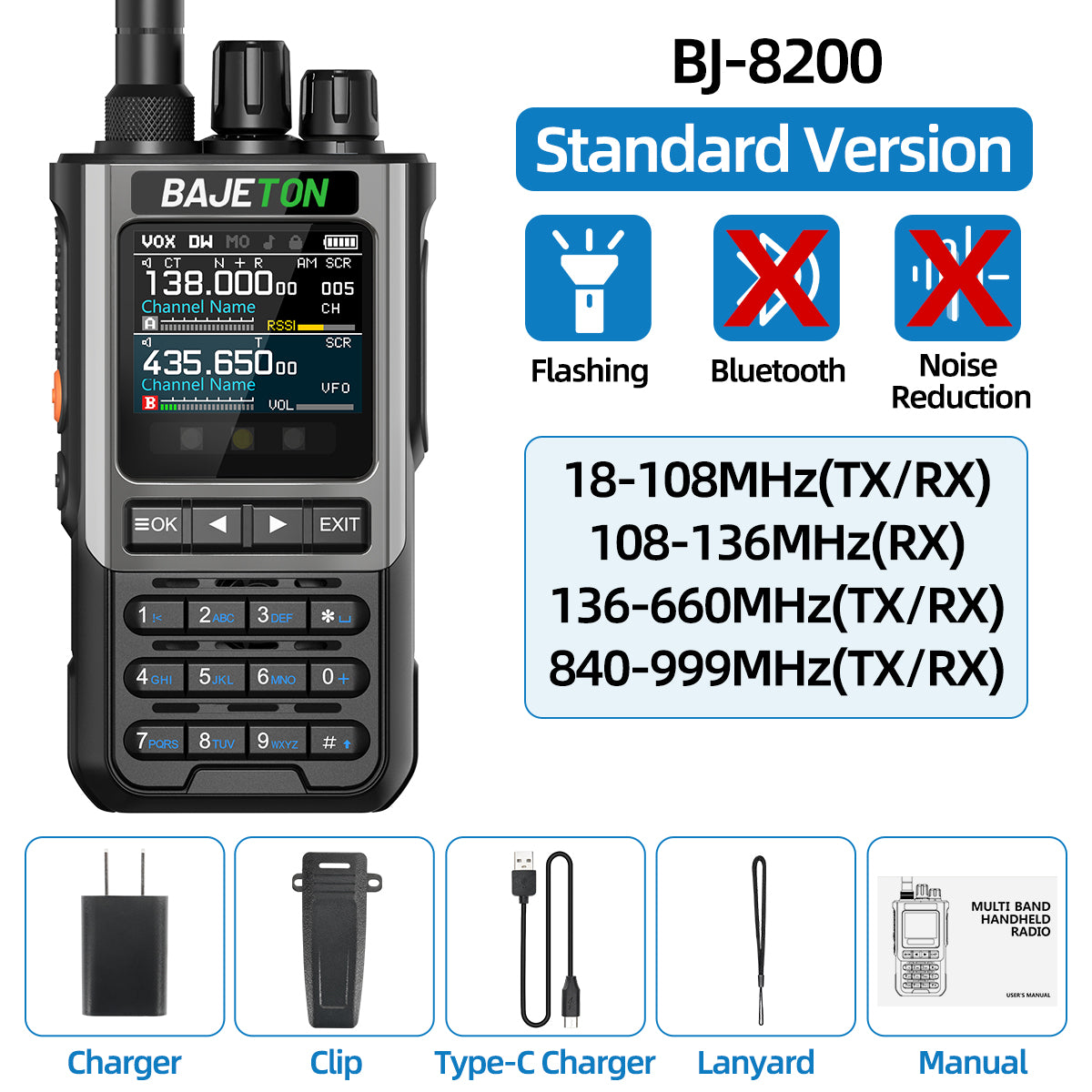 BAJETON BJ8200 Walkie Talkie Long Range Wireless Bluetooth Programming Type-c Flashlight Noise Reduction CB SW AM Ham Radio