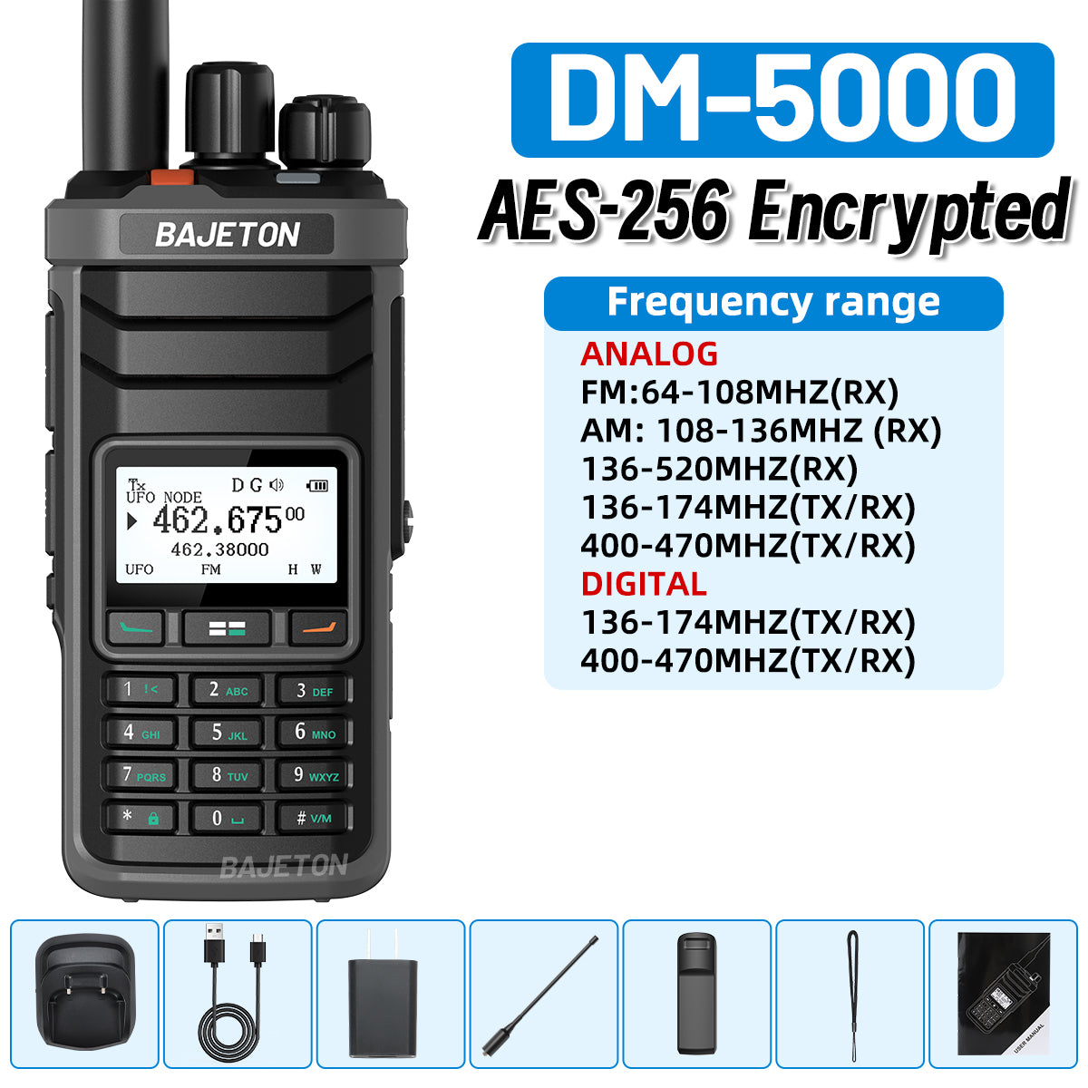 BAJETON DM-5000 DMR Walkie Talkie AES-256 Encryption Dual Time Slot Digital Analog SMS NOAA TYPE-C Charger For RT-4D Ham Radio