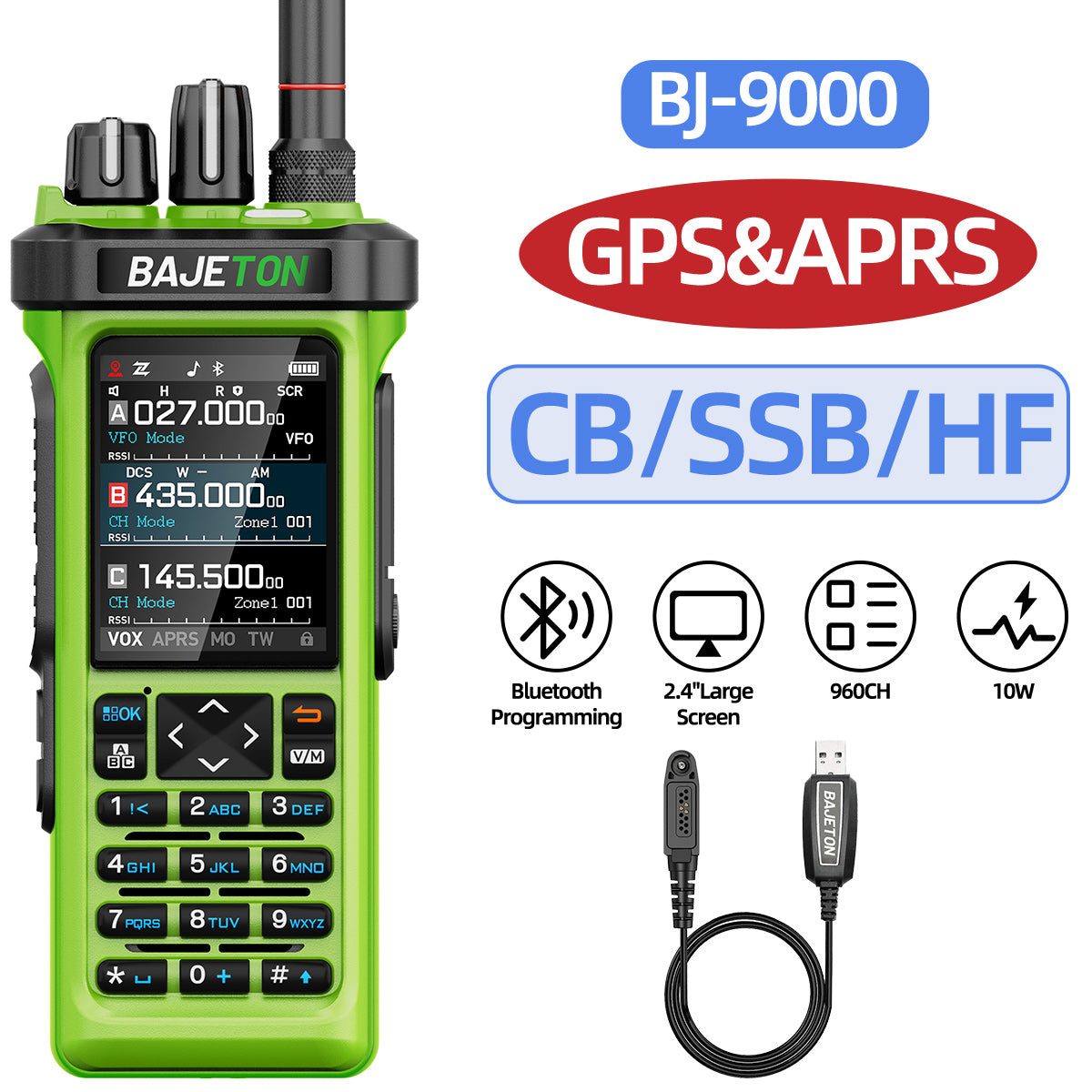 Bajeton BJ-9000 Green (27Mhz TX/RX) Walkie Talkie 10W AM/FM/USB/LSB/CW Receive GPS/APRS Bluetooth Phone Programming NOAA ShortWave Two Way Ham Radio