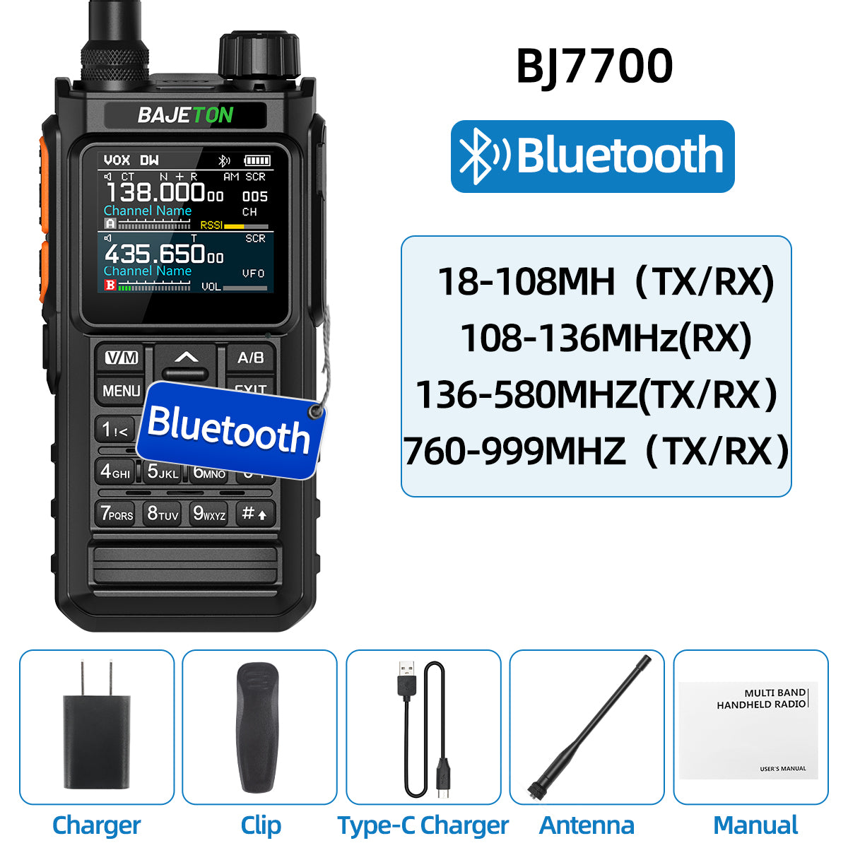 BAJETON BJ7700 Walkie Talkie Multi Band Wireless Bluetooth Phone Programming Noise Reduction AM FM Ham Radio For Camping BJ8200