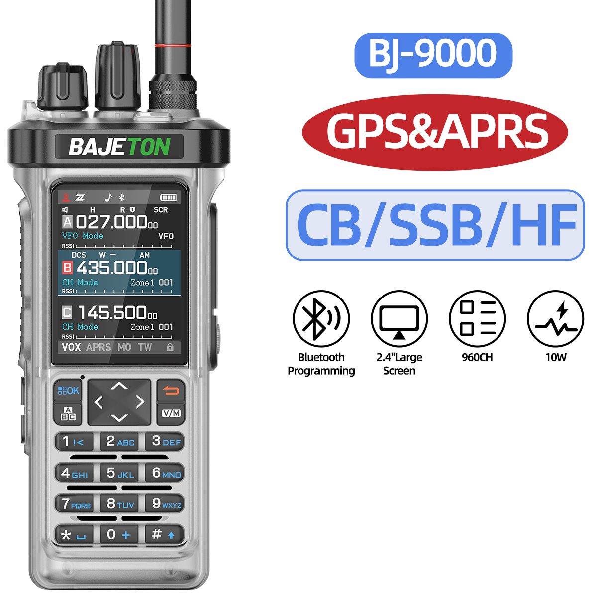 BAJETON BJ-9000(Transparent) GPS APRS Walkie Talkie 10W CB 27Mhz CB/SSB/HF Bluetooth Programming NOAA ShortWave For RT-950PRO RT-950 Radio