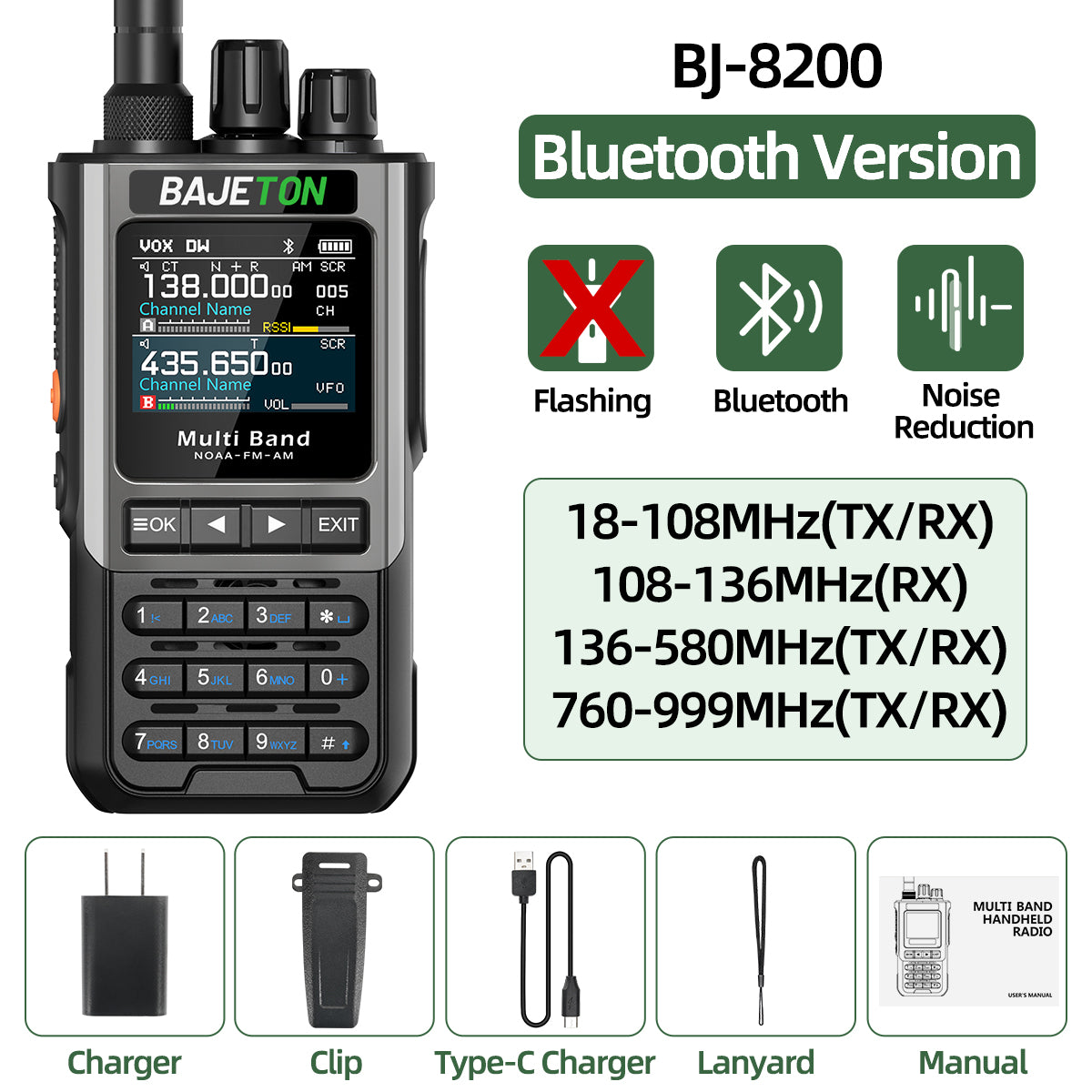 BAJETON BJ8200 Walkie Talkie Long Range Wireless Bluetooth Programming Type-c Flashlight Noise Reduction CB SW AM Ham Radio