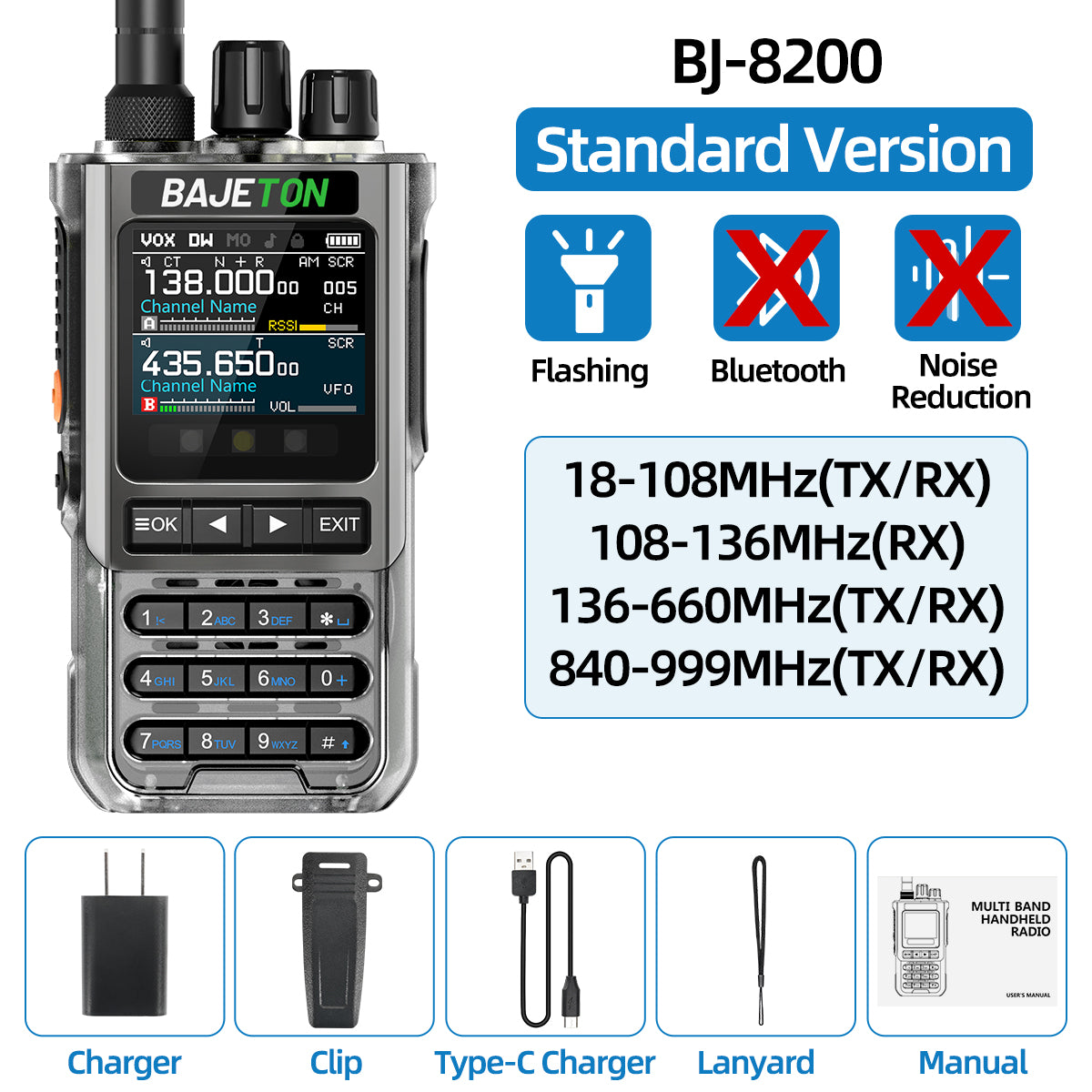 BAJETON BJ-8200 Walkie Talkie Full Band Bluetooth Phone Programming Long Range 10W Tri Power NoAA Noise Reduction Ham Radio
