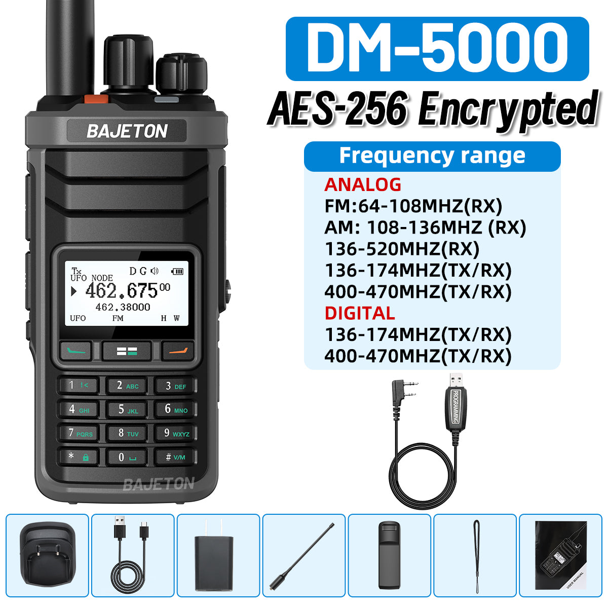 BAJETON DM-5000 DMR Walkie Talkie AES-256 Encryption Dual Time Slot Digital Analog SMS NOAA TYPE-C Charger For RT-4D Ham Radio