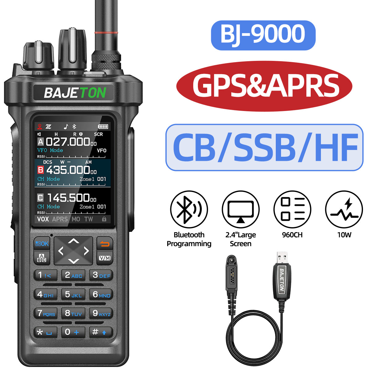 Bajeton BJ-9000 10W Ham Radio Walkie Talkie – 27MHz(RX/TX), AM/FM/USB/LSB/CW, GPS, APRS, Bluetooth, NOAA Weather Radio, Shortwave