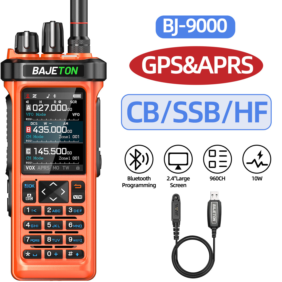BAJETON BJ-9000(Orange) Walkie Talkie CB/SSB/RX/HF Receiver with GPS APRS 10W Bluetooth Phone Programming Same RT-950 PRO RT -950 Radio