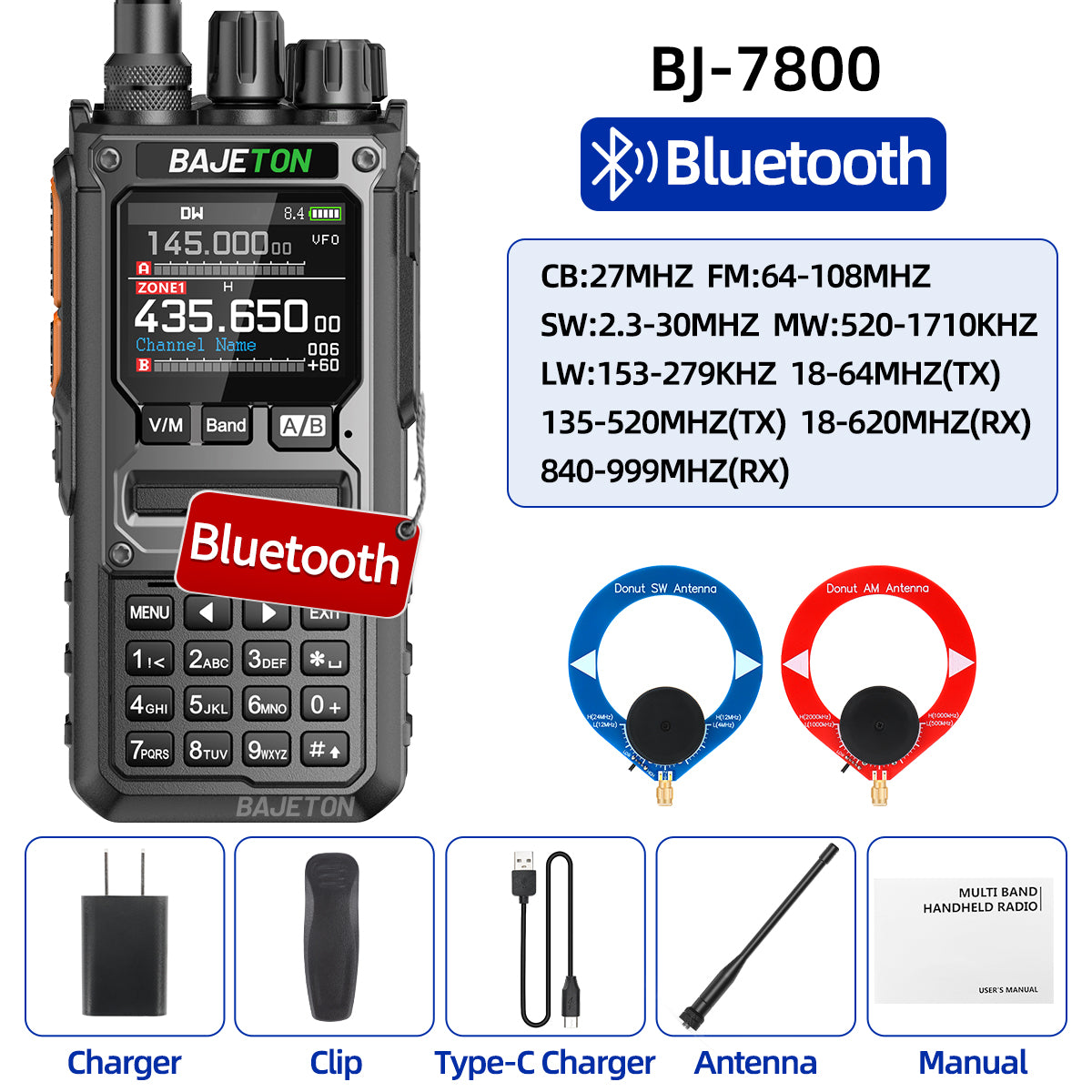 BAJETON BJ-7800 Walkie Talkie Long Range SW MW LW AM SSB CB 10W Receive Wireless Bluetooth Phone Programming NOAA Two Way Radio