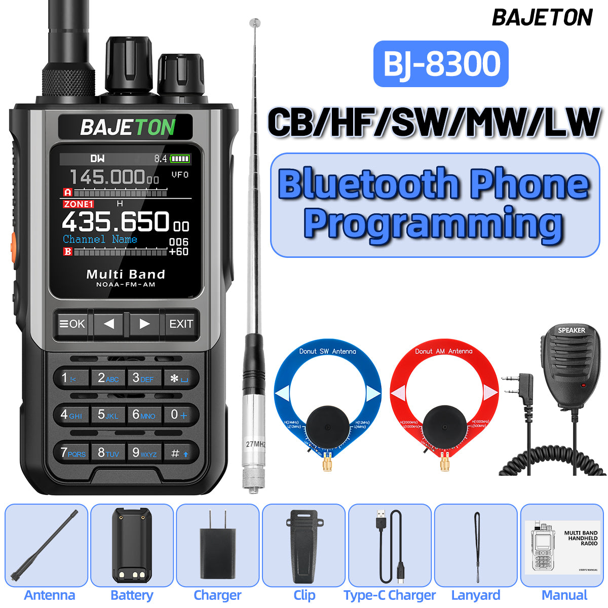 BAJETON BJ-8300 Ham Radio SW AM SSB CB Amateur Wireless Bluetooth Phone Programming Walkie Talkie NOAA Handheld Two Way Radio