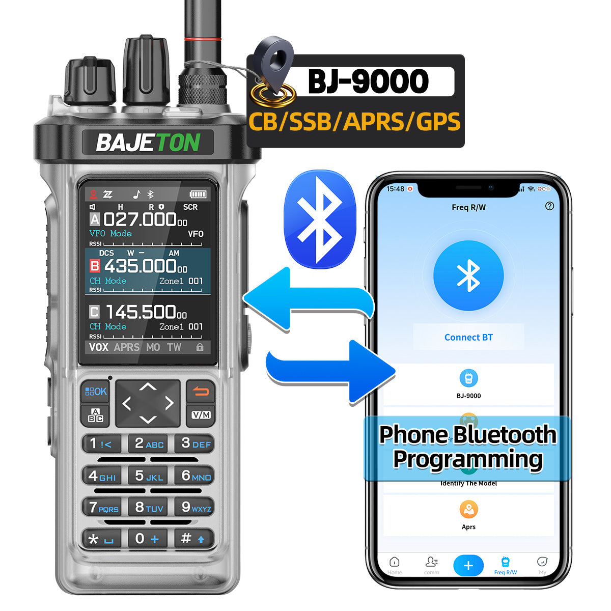BAJETON BJ-9000(Transparent) GPS APRS Walkie Talkie 10W CB 27Mhz CB/SSB/HF Bluetooth Programming NOAA ShortWave For RT-950PRO RT-950 Radio