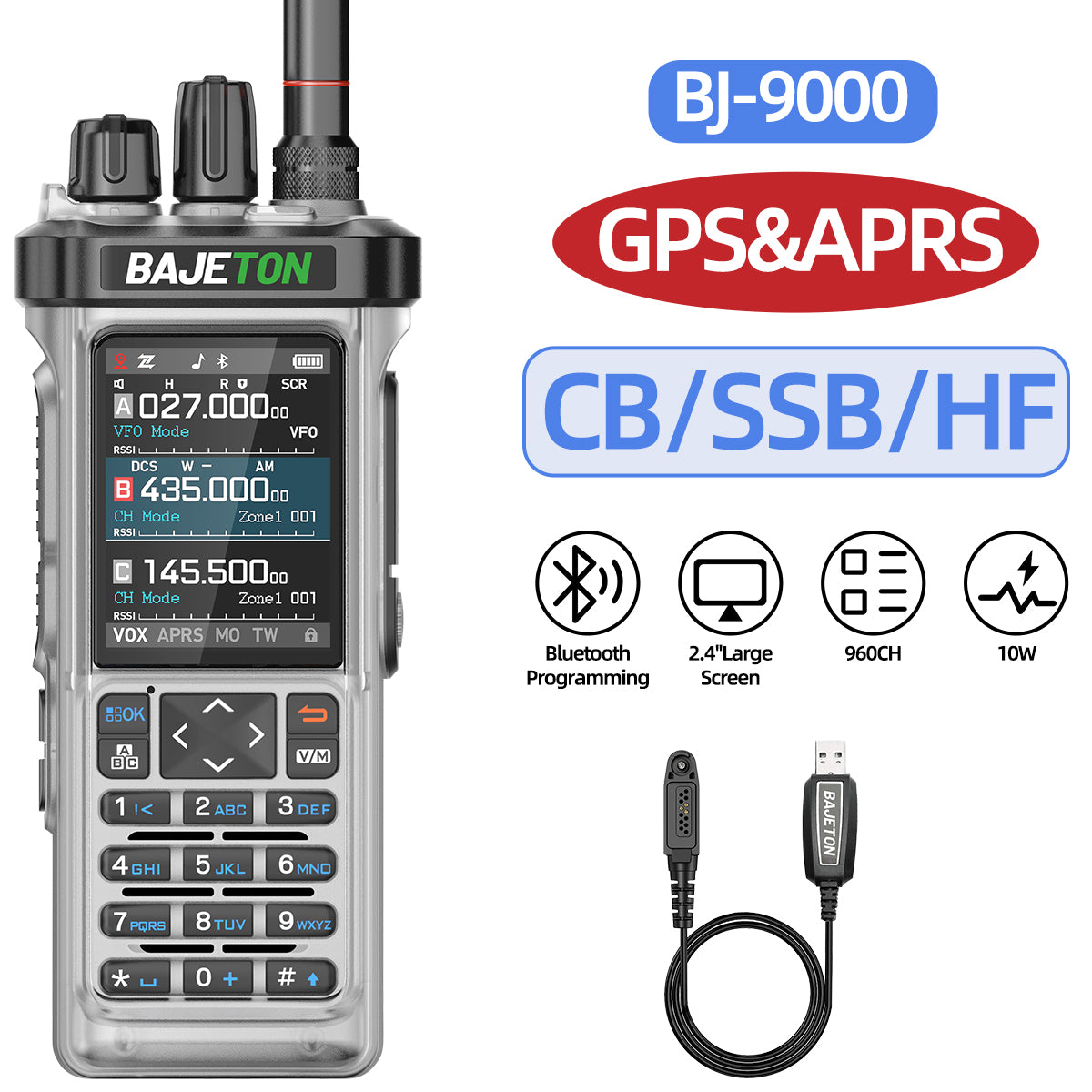 BAJETON BJ-9000(Transparent) GPS APRS Walkie Talkie 10W CB 27Mhz CB/SSB/HF Bluetooth Programming NOAA ShortWave For RT-950PRO RT-950 Radio