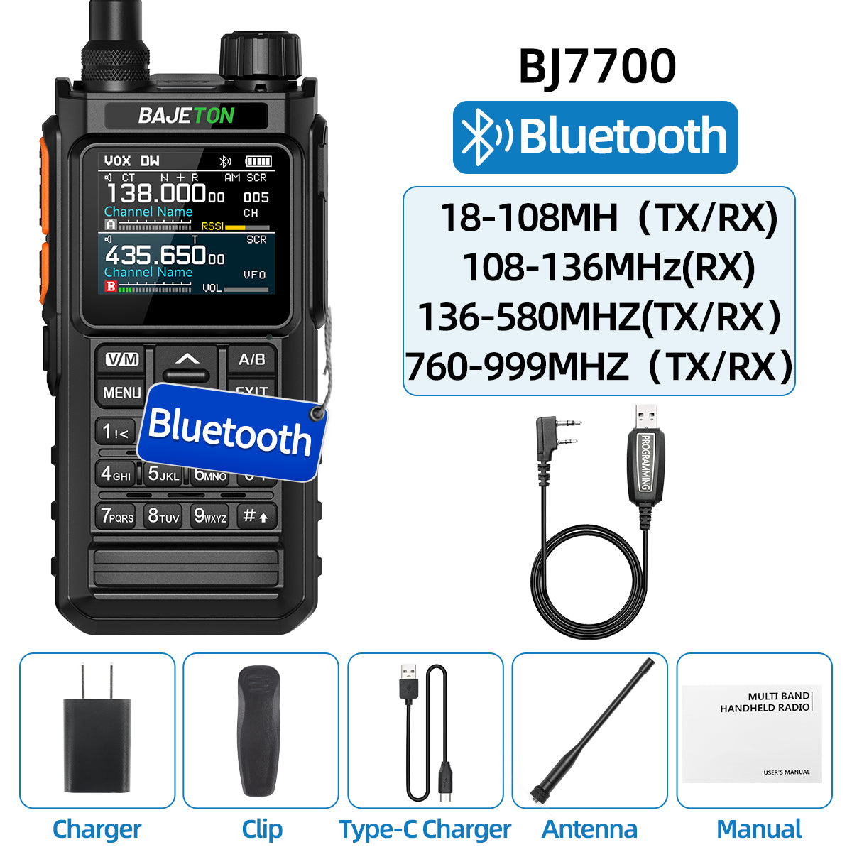 BAJETON BJ7700 Walkie Talkie Multi Band Wireless Bluetooth Phone Programming Noise Reduction AM FM Ham Radio For Camping BJ8200