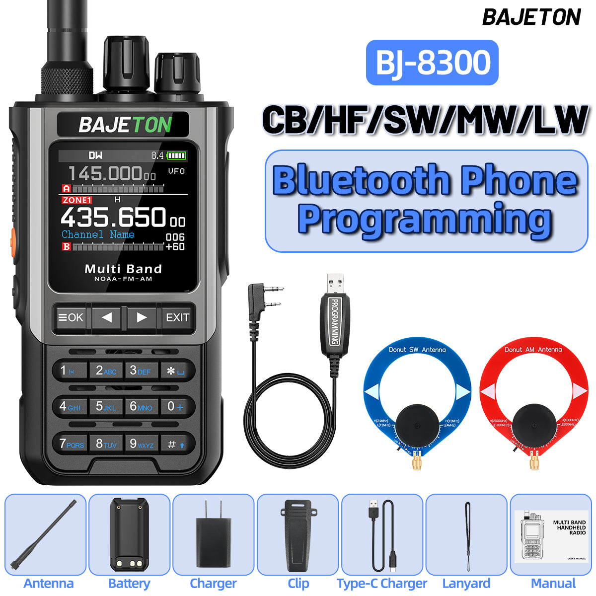 BAJETON BJ-8300 Ham Radio SW AM SSB CB Amateur Wireless Bluetooth Phone Programming Walkie Talkie NOAA Handheld Two Way Radio